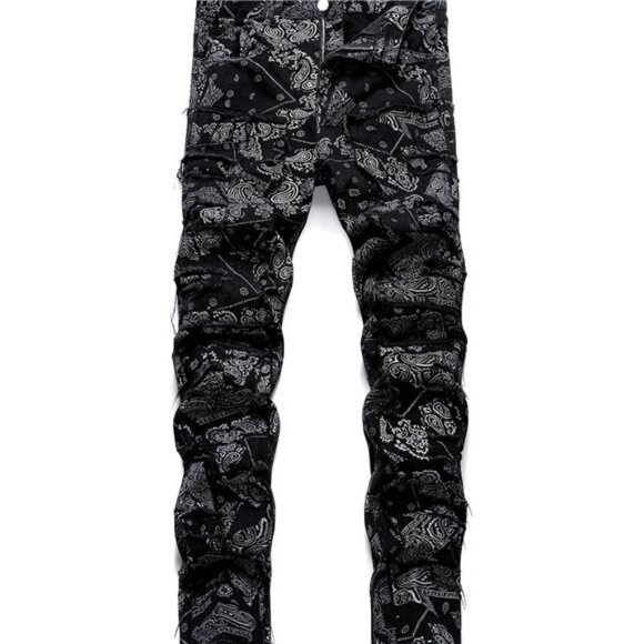 NWT Men's Black & White Paisley Ruched Stacked Jeans - Picture 4 of 5
